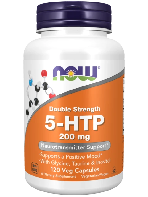 NOW 5-HTP + Glycin, Taurin a Inositol, 200 mg, 120 rostlinných kapslí